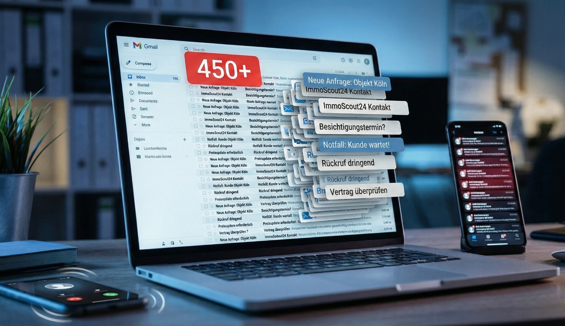 Überfluteter E-Mail-Posteingang mit 450+ Anfragen, ImmoScout24-Kontakten und dringenden Rückrufbitten